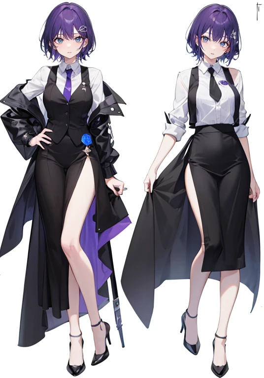 ((Perfect Face)),Purple Hair,short hair,1 female,bartender,,Black vest,tie,High heels,((Simple white background)),((smile)),((full body)),((whole body)),Portraits,virtual,upright,