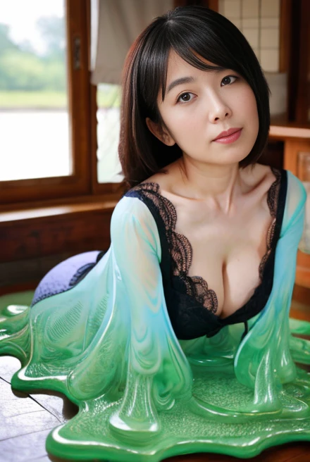 high quality畫面、Rich in details,High resolution、Extremely detailed,(超High resolution),(8k UHD best quality), Wearing beautiful black lingerie,Perfect body,(Chest:2.5),In classroom scene,slime shapeshifter,50 year old Japanese woman、Sexy、high quality、Nice face,The body comes out of the drain