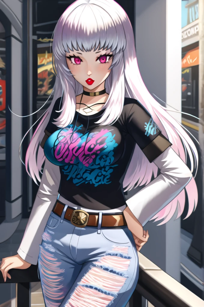 (masterpiece:1.2), best quality, high resolution, 1girl, solo, lysithea, white hair, pink eyes, 1girl, solo, black t-shirt, white shirt, blue jeans, belt, lipstick, large breasts, layered sleeves