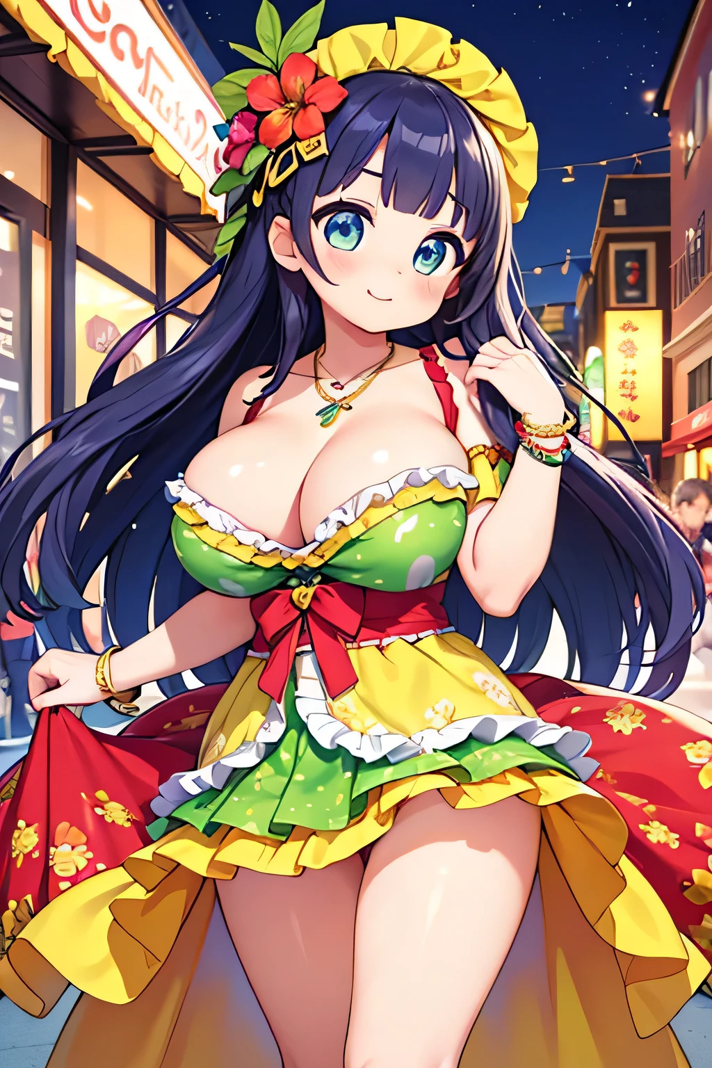 highest quality、High resolution、Detailed Background、(Beautiful face in every detail:1.4)、Anatomically correct、(Detailed facial expressions)、(Detailed eyes:1.2)、(Detailed eyes:1.2)、 beauty、(Highly detailed face:1.4)、Brightly colored hair、well-groomed eyebrows、Perfect body line、Attractive thighs、
(Huge breasts:1.2)、Hairstyles that add waves and curls、Fancy eye makeup、Lip Makeup、I'm excited、Blushing、High tension、A big smile、smile、Carnival of Rio、night、
(A girl dancing energetically to "High Tension" at Carnival of Rio:1.5)、
Lots of colorful costumer.々There will be parades and performances、
Ruffled or lacy tops and dresses、Choose items with sweet colors and patterns、Fruit and floral print tops and bottoms are perfect for the carnival atmosphere.、The refreshing colors and cute design make it even cuter.、Items that incorporate ribbons and bows as accents、hair accessory、necklace、Attach a ribbon、
A spectacular parade will be held in a huge facility with a vast stage and seating.、Walk through streets lined with Rio's iconic landmarks、In a dream-like scene, the participants dance wildly and the audience cheers enthusiastically.