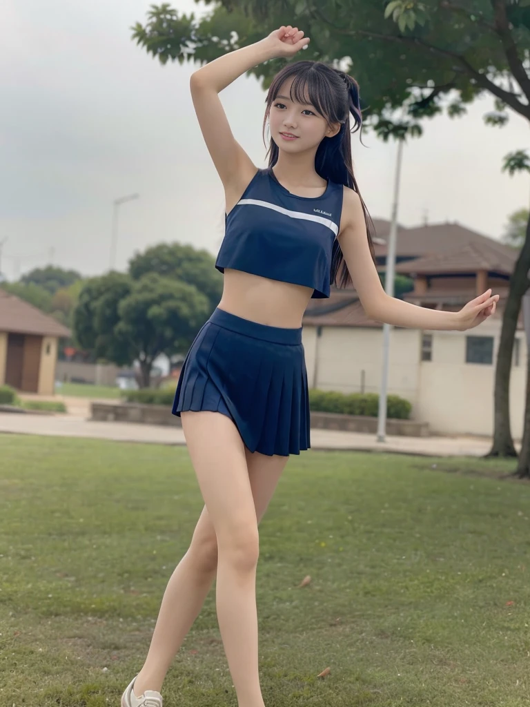 (masterpiece, highest quality:1.4), Award-winning portraits, 8k, 85mm, alone, Beautiful Face, Delicate girl,  (Cheerleader、On the grass), Sophisticated, cute, 15 years old, RAW Photos, Confused, High resolution, Sharp focus, Background Blur、(((flat  、thin and delicate body、Childish atmosphere)))、shiny semi-long hair、ponytail、Mole on the left cheek、 Dark blue eyes、the skirt is swaying in the wind、Hair swaying in the wind、sexy、flexible legs、naked