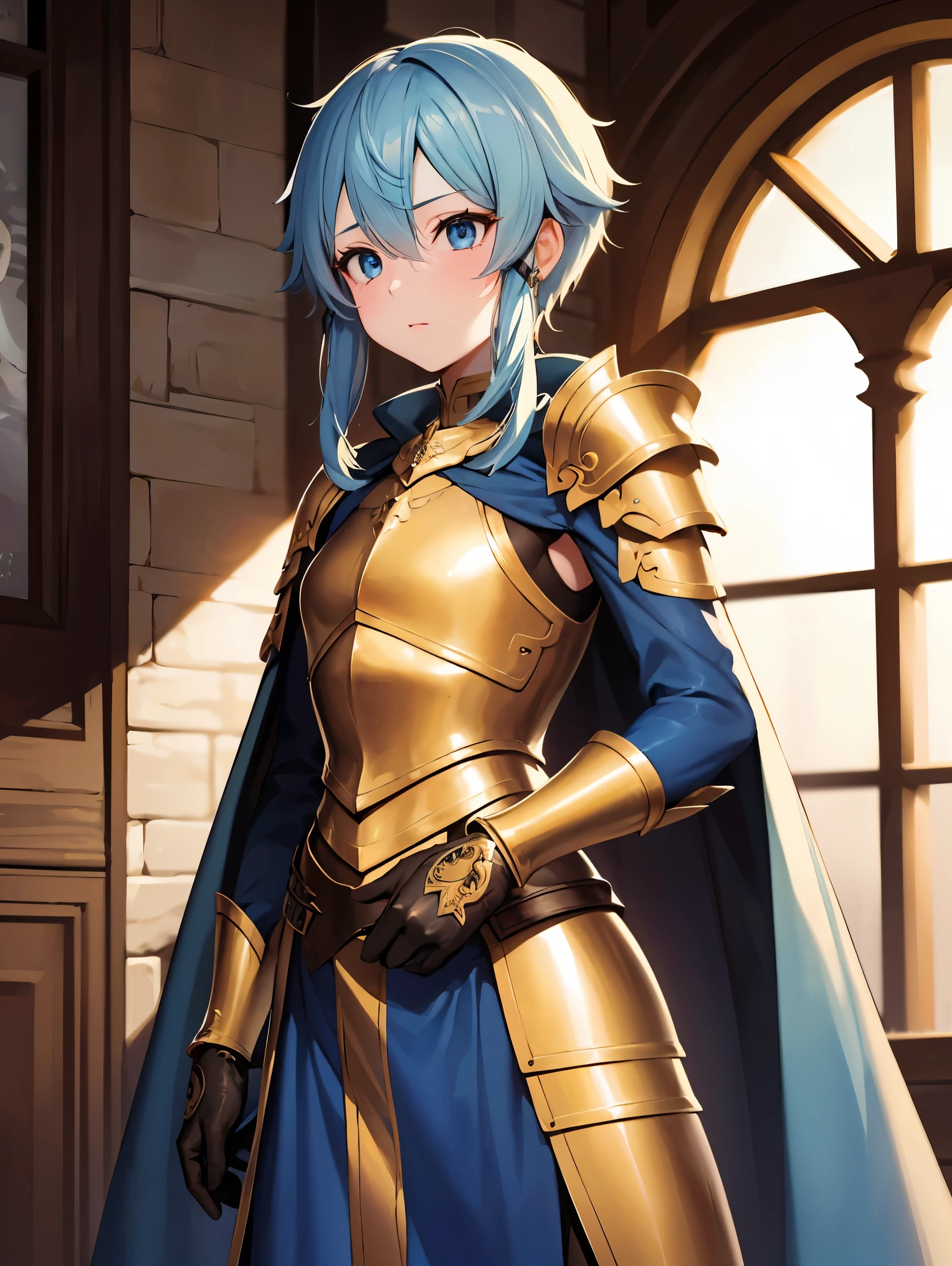deep skin,textured skin,shinoasada, sinon, blue eyes, blue hair, hair ornament, hair between eyes, hairclip, short hair, sidelocks, (small breast:1.2),
BREAK (dress, cape, armor, blue dress, shoulder armor, gauntlets, pauldrons, breastplate, armored dress, faulds, blue cape, knight, (gold armor:1.5), body armor:1,2)
BREAK (standing, dynamic pose), (dainty pose, super cute), Marquis' house Zheng, indoor background, Fashion magazine shoot, professional shading,
BREAK (masterpiece:1.2), best quality, high resolution, unity 8k wallpaper, (illustration:0.8), (beautiful detailed eyes:1.6), extremely detailed face, perfect lighting, extremely detailed CG, (perfect hands, perfect anatomy),