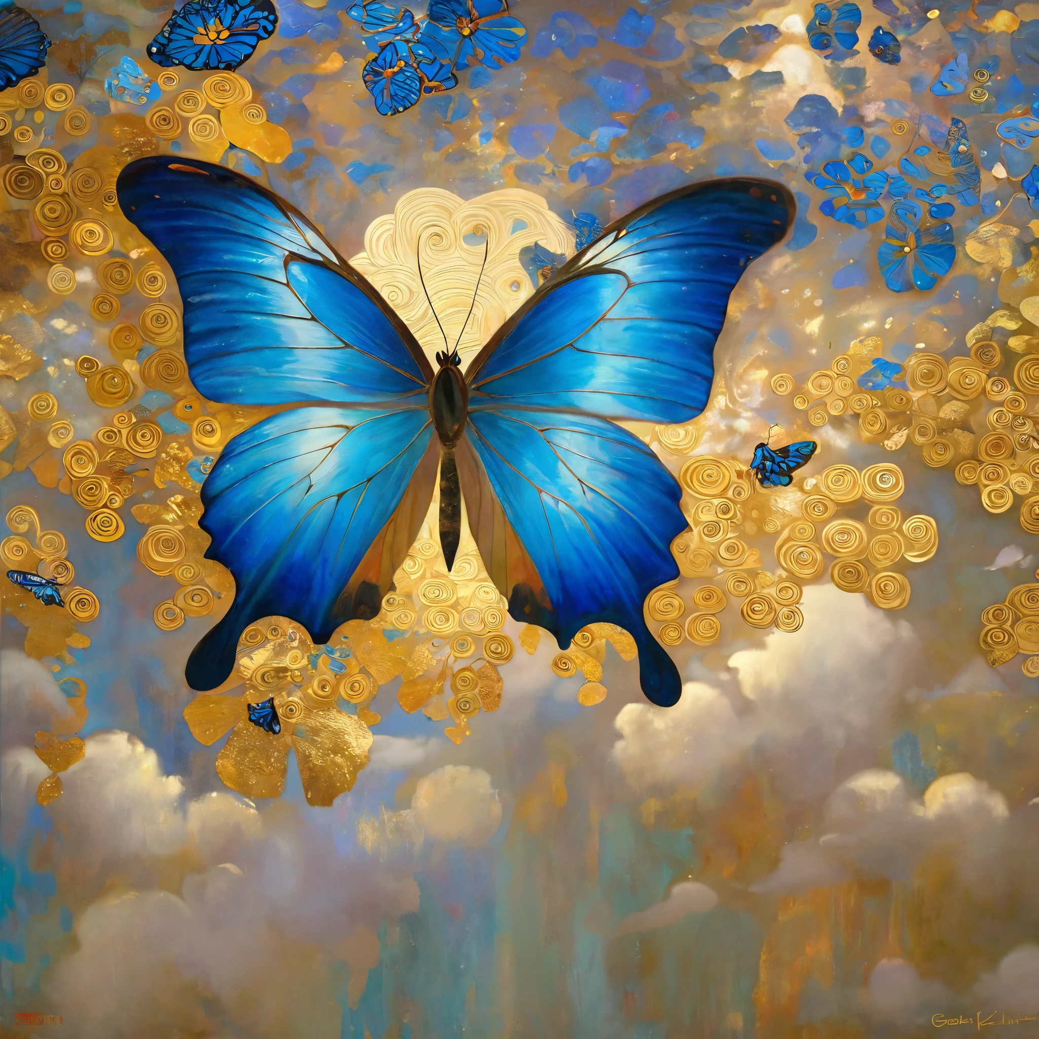 Blue Butterfly, Flying in the clouds, epic , Otherworldly ,Astonishing ,Clever use of light and shadow,Add depth and drama to a scene., Bringing the audience into an elegant narrative. This masterpiece, Created by the famous painter Gustav Klimt, Delve deep into the realms of fantasy and mythology, Inviting viewers to explore the complexity of beauty, strength,