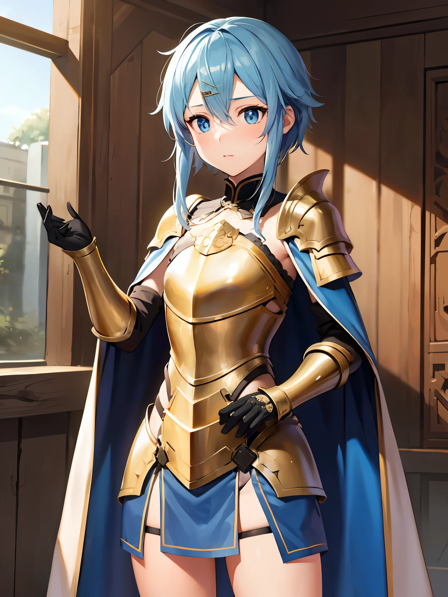 deep skin,textured skin,shinoasada, sinon, blue eyes, blue hair, hair ornament, hair between eyes, hairclip, short hair, sidelocks, (small breast:1.2),
BREAK (dress, cape, armor, blue dress, shoulder armor, gauntlets, pauldrons, breastplate, armored dress, faulds, blue cape, knight, (gold armor:1.5), body armor:1,2)
BREAK (standing, dynamic pose), (dainty pose, super cute), Marquis' house Zheng, indoor background, Fashion magazine shoot, professional shading,
BREAK (masterpiece:1.2), best quality, high resolution, unity 8k wallpaper, (illustration:0.8), (beautiful detailed eyes:1.6), extremely detailed face, perfect lighting, extremely detailed CG, (perfect hands, perfect anatomy),