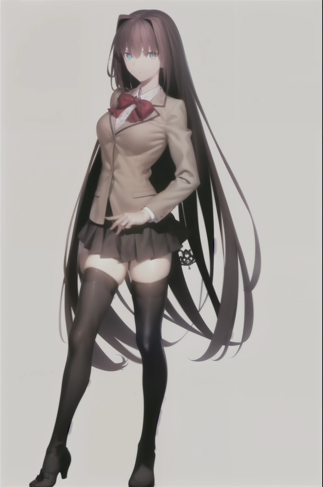 8k, highest quality, highest detail, AokoSchoolUniform, 1girl, solo, 2 legs, luscious hair, very long hair, (chestnut-brown hair with slightly reddish undertone), perfect face, (beautiful detailed eyes:0.9), (symbol-shaped pupils:1.4), (blue eyes), red bowtie, beige blazer, white shirt, (large breasts:0.7), nice hips, (Umber pleated-skirt:1.5), (black spandex shorts:1.4), (nice thighs:1.5), (symmetrical black thigh-high stockings:1.5), (brown Strap-Shoes), standing straight, ((Full body in frame including full shoes)), white-empty background, (((empty background:1.8)))

