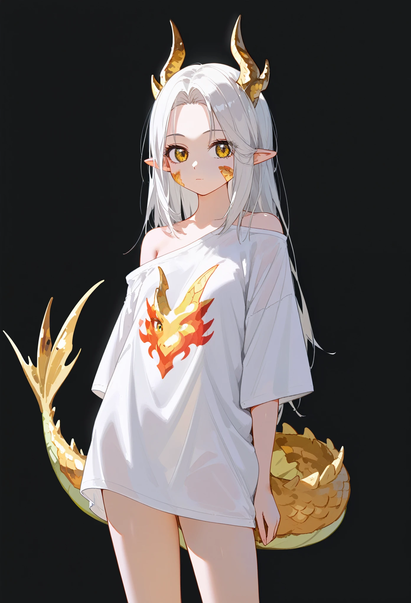 1girl, solo, long hair, white hair, parted bangs, short bangs, forehead, yellow eyes, dragon girl, golden dragon horns, dragon tail, white dragon tail, yellow tail spikes, pointy ears, golden scales on cheek, wearing a white shirt, oversized shirt, bare shoulder, bare legs, arms on sides, cowboy shot, black background, simple background, masterpiece, best quality, score_9, score_8_up, score_7_up, score_6_up