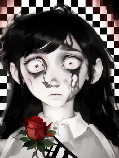 a drawing of a girl with a rose in her hand, inspired by Louis Grell, speedpaint, tired and haunted expression, halfbody portrait, drawn with photoshop, art in the style of joshy sly, tired haunted expression, horrifying :4, haunted sad expression, desaturated!, by Altichiero, inspired by Junji Ito, desaturated!!