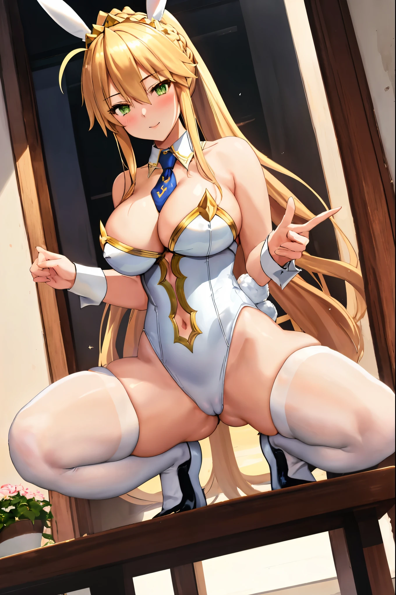 masterpiece, best quality, absurdres, looking at viewer, (light_smile:0.6),
1girl, ahoge, rabbit ears, playboy bunny, artoria pendragon \(swimsuit ruler\) \(fate\), large breasts , blonde hair, green eyes, french braid,  pony tail
bare shoulders, large breasts , cleavage,
clothing cut out, wrist cuffs, detached collar, cutout, feather boa,
white leotard, blue necktie, blue pantyhose, single thigh strap, hands_above_head,(squat:1.3),(spread_legs:1.3),rabbit_pose,solo,stretch_fingertips