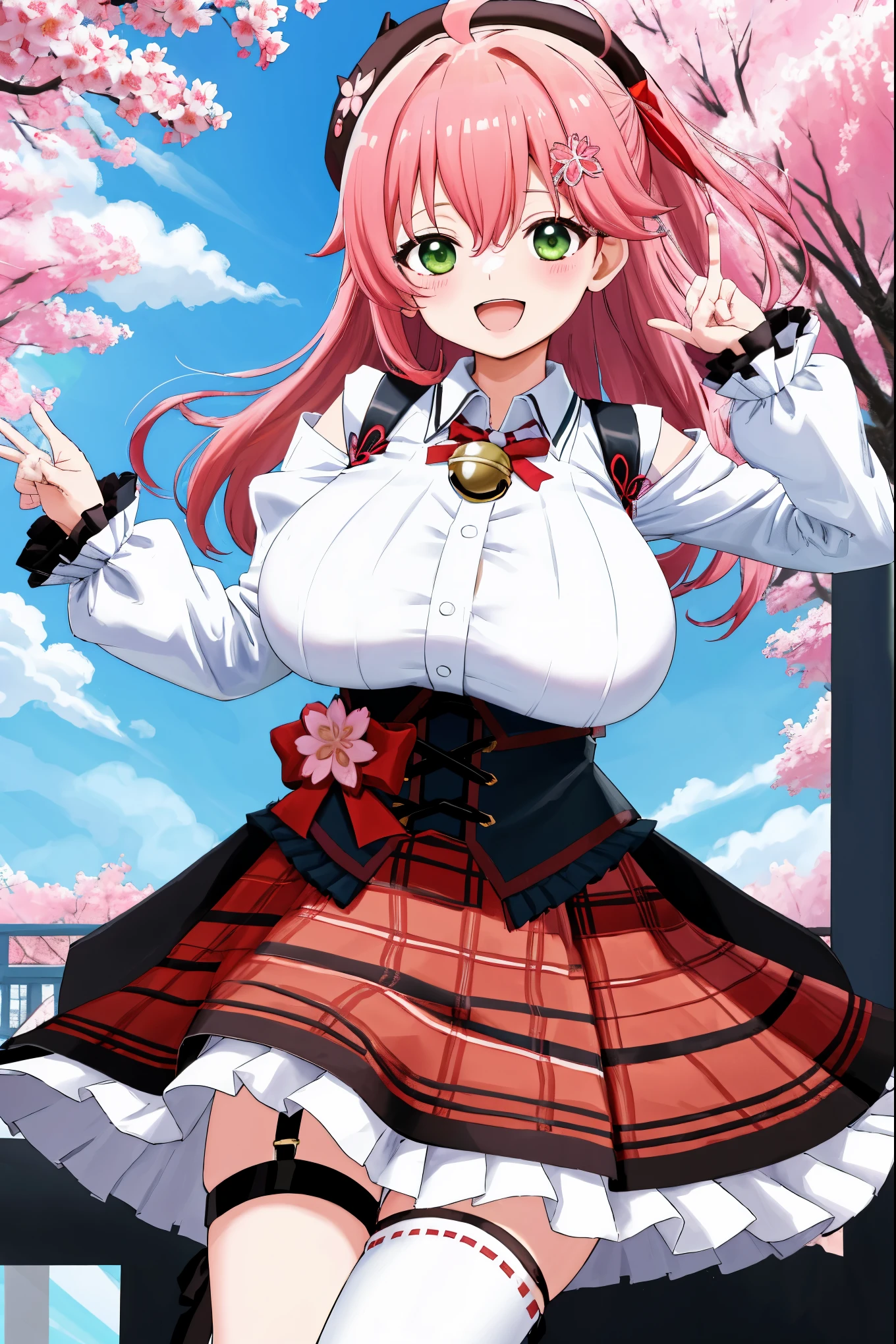 masutepiece, Best_Quality, hight_resolution, miko2,Ponytail, 1girl, Ahoge, black headwear, Hair Ornament, White shirt, black thighhighs, Pink hair, Red_skirt, very_short_skirt, plaid skirts, garter_strap, Collared shirt, hair clips, frilld, Bangs, hair between eye, frills skirt, beret, Pleated skirt, Hair Flower, Neck bell, , puffy long sleeves, Black bow, Underbust, Cowboy Shot,Smile, (gigantic_breasts:1.3),covered_nipples, covered_pussy,green_eyes, happy, childlike_posing,spread_legs,(big_smile:1.2),plump,open_mouth,shout,half_eyes,cherryblossom_park_background,