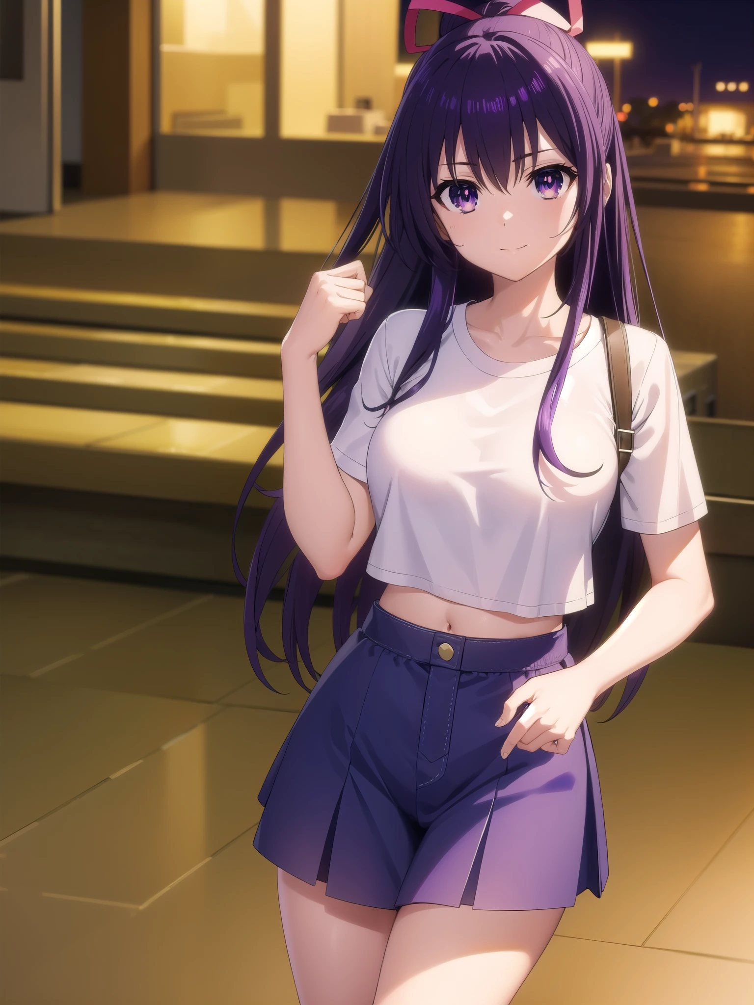 tohkayatogami, tohka yatogami casual, long hair, purple hair, alluringly smile , crop top shirt, tight shirt , white shirt short sleeve , short skirt, black skirt ,thighs garter belt (purple eyes:1.1), hair ribbon, ponytail, purple hair, white ribbon, E cup breasts, bewitched thighs, slender waist, plump butt , sneakers 
BREAK ,
BREAK cafe, night, alone, 
BREAK looking at viewer, wink, standing, tilt head,  look cute
BREAK (masterpiece:1.2), best quality, high resolution, unity 8k wallpaper, (illustration:0.8), (beautiful detailed eyes:1.6), extremely detailed face, perfect lighting, extremely detailed CG, (perfect hands, perfect anatomy),