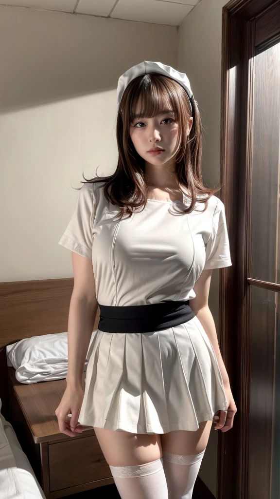 masterpiece, best quality, illustration, Super detailed, fine details, High resolution, 8K,wall paper, perfect dynamic composition,(Details High quality, realistic depiction of eyes:1.3), Hospital Rooms、White nurse cap、White tights、White nurse uniform、to stand、Hand skirt、Flipping up a white skirt, large breasts,short bob hair, black hair color, Big Natural Color Lip, bold sexy pose, crying a little、cold gaze, Harajuku style、20 year old girl、cute type、lolita、beautiful legs, hposing Gravure Idol