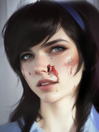 a painting of a woman with a bloody face and a blue shirt, highly_detailed_face!!!, character portrait closeup, smudged face, by Altichiero, close up face detail, highly detailed face!, hyper detail portrait, inspired by Eva Frankfurther, cynical face, realistic portrait, closeup character portrait, high detailed face!!!, speedpaint