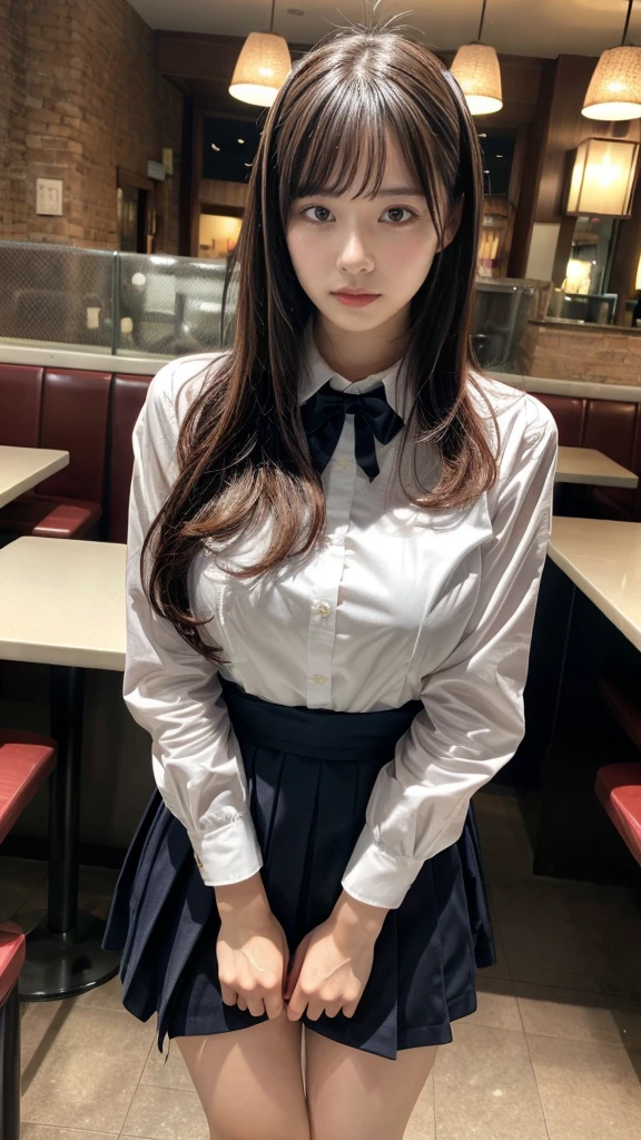 masterpiece, best quality, illustration, Super detailed, fine details, High resolution, 8K,wall paper, perfect dynamic composition,(Details High quality, realistic depiction of eyes:1.3), waitress uniform, restaurant, huge breasts, short bob hair、black hair color, Big Natural Color Lip, (perfect body shape), crying a little、cold gaze, Harajuku style、20 year old girl、cute type、lolita、beautiful legs, focus on crotch, full body photo, gravure idol