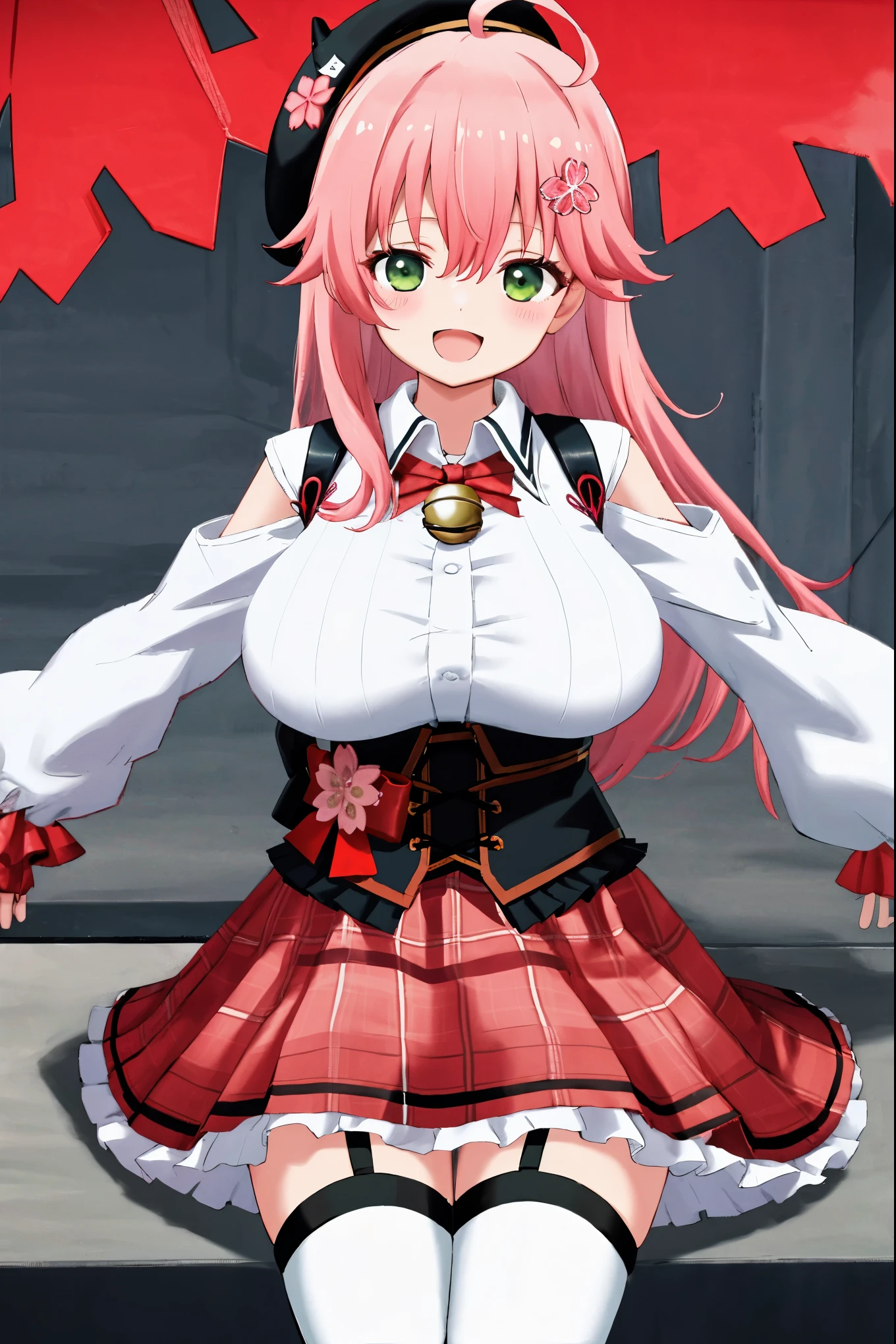 masutepiece, Best_Quality, hight_resolution, miko2,Ponytail, 1girl, Ahoge, black headwear, Hair Ornament, White shirt, black thighhighs, Pink hair, Red_skirt, very_short_skirt, plaid skirts, garter_strap, Collared shirt, hair clips, frilld, Bangs, hair between eye, frills skirt, beret, Pleated skirt, Hair Flower, Neck bell, , puffy long sleeves, Black bow, Underbust, Cowboy Shot,Smile, (gigantic_breasts:1.3),covered_nipples, covered_pussy,green_eyes, happy, childlike_posing,spread_legs,(big_smile:1.2),plump,open_mouth,shout,half_eyes,cherryblossom_park_background,