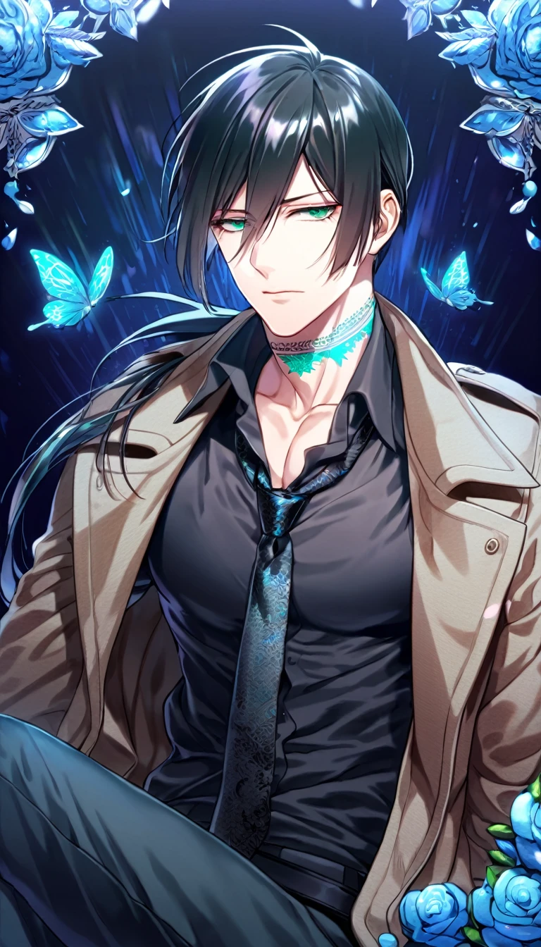 Ultra detailed, HDR, Highres, absurdres, master piece, Ginoza Nobushika, black hair tied in a low ponytail, expressive green eyes, Psycho Pass, blue glittering butterflies, petals, fantasy, blue flowers, sexy man, solo, extremely detailed face and eyes, handsome, glittering, toned chest, brown coat with patterns, black shirt, tattoo on his neck, blue background, blue flames, cross, black gloves, black shirt, black necktie, sitting, black apants