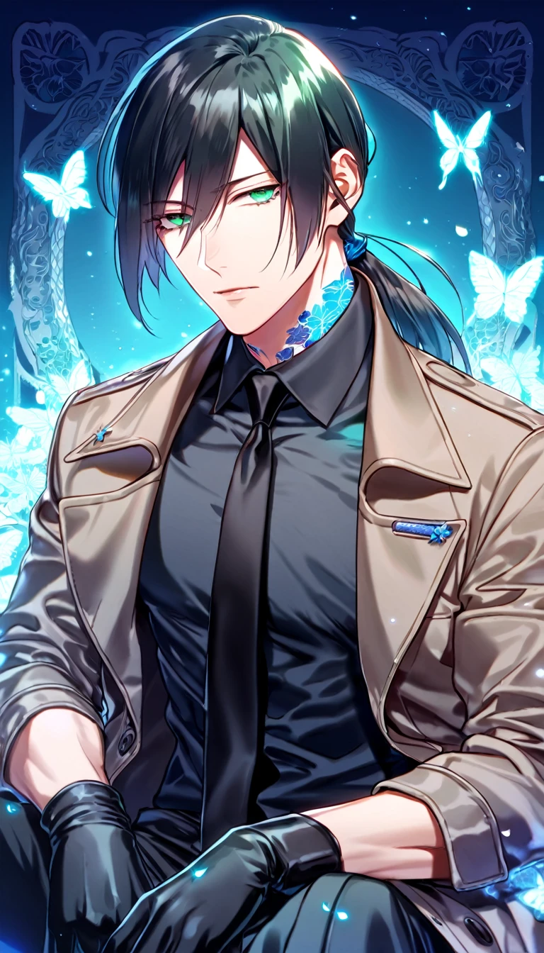 Ultra detailed, HDR, Highres, absurdres, master piece, Ginoza Nobushika, black hair tied in a low ponytail, expressive green eyes, Psycho Pass, blue glittering butterflies, petals, fantasy, blue flowers, sexy man, solo, extremely detailed face and eyes, handsome, glittering, toned chest, brown coat with patterns, black shirt, tattoo on his neck, blue background, blue flames, cross, black gloves, black shirt, black necktie, sitting, black apants