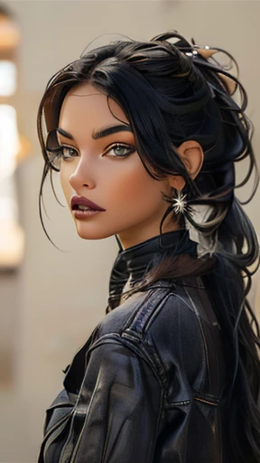 {Ana de Armas}, (Long ponytail hair with black bangs and slightly messy),, (olhos verdes, olhos altamente detalhado e brilhante), (full lips with dark lipstick), (perfect symmetrical body, cintura fina, quadril largo, magra), (facing away from the camera, usando um short curto, jaqueta jeans), imagem altamente detalhada, alta qualidade, 16K, Altamente hiper realista.