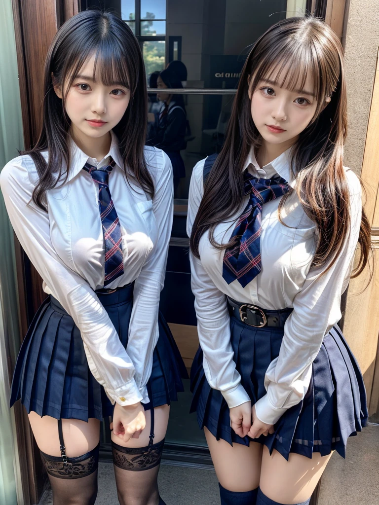 (8K, Raw photography, top-quality, masterpiece:1.2), master piece, best quality, illustration, Super detailed, fine details, High resolution, 8K,wall paper, perfect dynamic composition,(Details High quality, realistic depiction of eyes:1.3), ((2 girls, 2 schoolgirls)), The background is a luxury hotel room、High school girl uniform、blazer 、Super Short Check Uniform Skirt、Navy blue high socks、garterbelts、Colossal tits、Disturbed uniform, Play with each other,Touching each other's bodies,Touching the body of the girl next door, short bob hair, black hair color, huge breasts, Big Natural Color Lip, bold sexy pose, (perfect body shape), crying a little、cold gaze, Beautiful makeup,glitter makeup,Cutest 18 years old, beautiful legs, hposing Gravure Idol, Voluptuous thighs