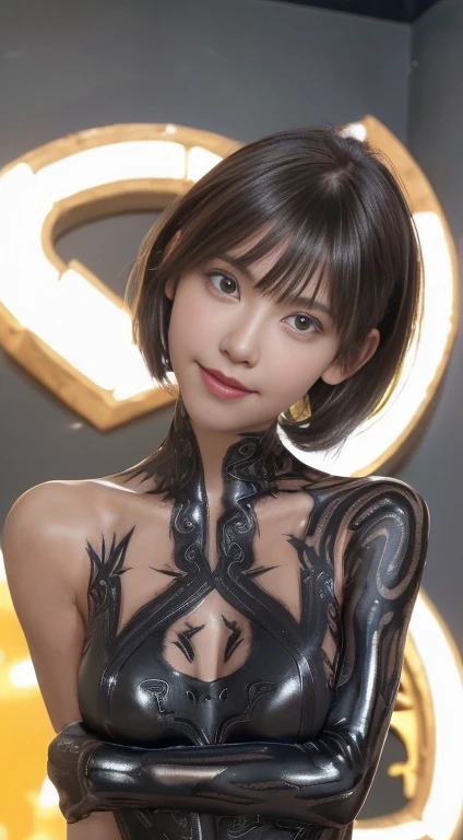 ((Realistic lighting, highest quality, 8k, masterpiece: 1.3)), Clear focus: 1.2, 1 girl, Perfect body beauty: 1.4, Slim Abs: 1.1, ((Dark brown hair,short hair，waved her hand， Big Breasts: 1.3)), (Finished with body paint，Dark black transparent Aztec pattern catsuit: 1.4), （Black Photo Studio, noon: 1.1),Body Paint Dresses， whole body, Long legs,  Highly detailed face, Beautiful Eyes, double eyelid，Captivating smile，No face paint，A refreshing smile，In a black studio with only spotlights