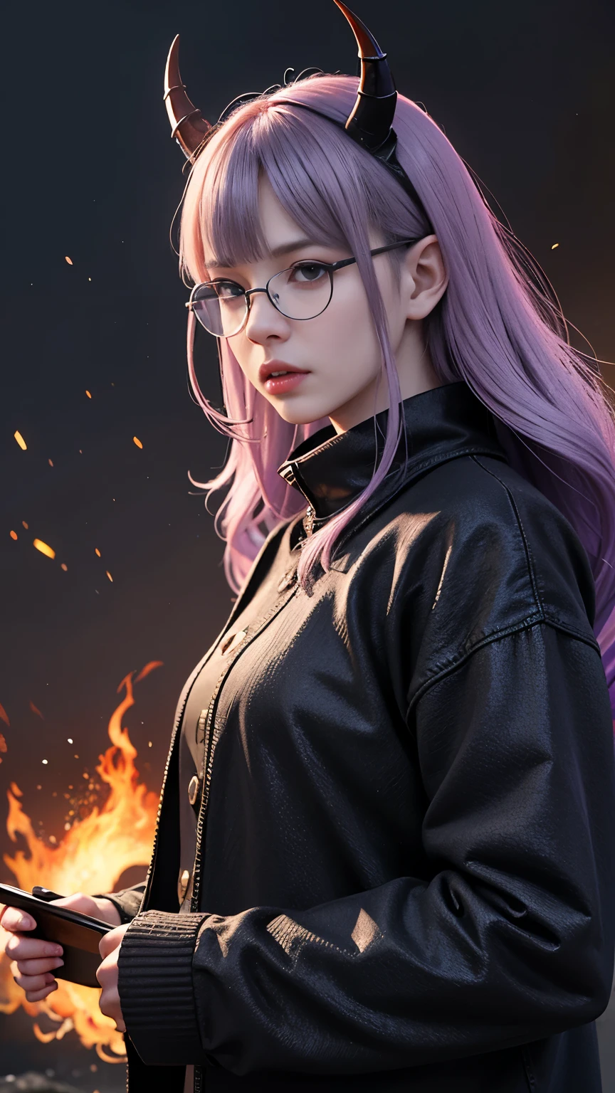 background(Black Night Sky,Big Moon),Close-up of a woman,Wearing a white shirt、Purple Hair,Very long hair,very thick braids,Purple eyes,big 、((((Glasses))))、realistic girl rendering, 8k artistic german bokeh, Enchanting girl, Realistic girl, Gurwitz, Gurwitz-style artwork, Girl Roleplay, Realistic 3D style, cgstation Popular Topics,, 8K Portrait Rendering,(truth,truth:1.4),Wear pink pajamas,巨big ,Sparkling eyes,Purple eyes、(highest quality,4K,8k,High resolution,masterpiece:1.2),Very detailed,(Realistic,photoRealistic,photo-Realistic:1.37),Mythical monster,Beast-like creature,Muscular,Six big legs,Stand like a gorilla,Red fur covering the body,two big horns,Drill teeth,Sharp Claws,Huge shape,Burning Fire Magic,Energy aura,A threatening presence,Glowing Eyes,Intimidating posture,dark environment,Smoke-filled air,Ominous Shadow,Majestic and fierce,Explosive power,Vibrant colors,bold,Horror art style,mobile composition,Dramatic lighting,Rib Layer,large sharp teeth,Sharp Edges,Very detailedスケール,Burning Crack,Burning Flames,Furious look,Burning with anger,Surrounded by sparks and embers), Scared, dark, spooky, Underwater mist liquid swirl cavity, highest quality, Front view, Satanic, 18 year old asian girl、Liu Wen, Shaved eyebrows, With big black ram horn, , A large snake with slimy tentacles wrapped around its shoulders. ムーディーでDramatic lighting, that's it, storm, lightning, Smoke and Fog Environment, Fuzzy smoke background, Wide-angle shot, Wide-angle shot, elevation, Extreme angle shot, Vignette, 非Realisticな悪夢,