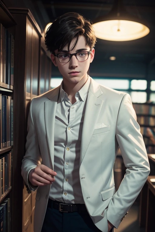 masterpiece, best quality, highly detailed, sharp focus, dynamic lighting, vivid colors, texture detail, particle effects, storytelling elements, narrative flair, 16k, UE5, HDR, subject-background isolation,2D,watercolor, 1 professor boy, boy at library, smart boy, 1boy with white suit splash detailed, surreal dramatic lighting shadow (lofi, analog), kodak film by Brandon Woelfel Ryan McGinley, (perfect hand:1.2), hip, waist