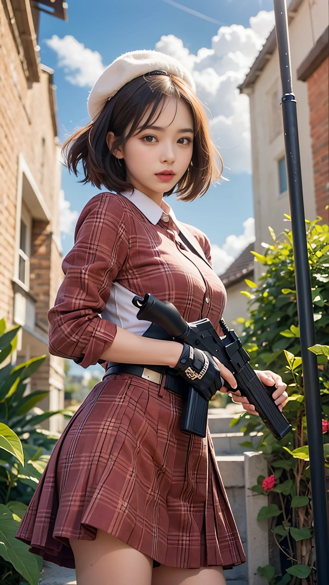 ((Girl with a gun)), (Fine details), Girls' Frontline, (Girls' Frontline style),Railgun, from Girls' Frontline, Girls' Frontline cg, (Have a weapon), ((With a machine gun)), Female protagonist, (Tight outfit:1.3), Amazing Anime 8K, makoto shinka, m4 sopmod ii Girls' Frontline, (Cute girl anime visuals), (anime cgi style), high nose, Red ribbon, (Large Breasts), (( beautiful girl, Baby-faced tiful girl:1.6, Small face)), (Slender body line), (Small and slender figure), (Narrow waist:1.3), (Small beautiful butt:1.3), (Detailed eyes and face:1.2), (Detailed hands:1.3), (Perfect Anatomy:1.3), (Professional Lighting), (Accurate Shadows), (Photorealistic:1.4), (View the viewer:1.2), ((highest quality, 8K, masterpiece:1.2)), ((Hair soaring in the wind:1.4))