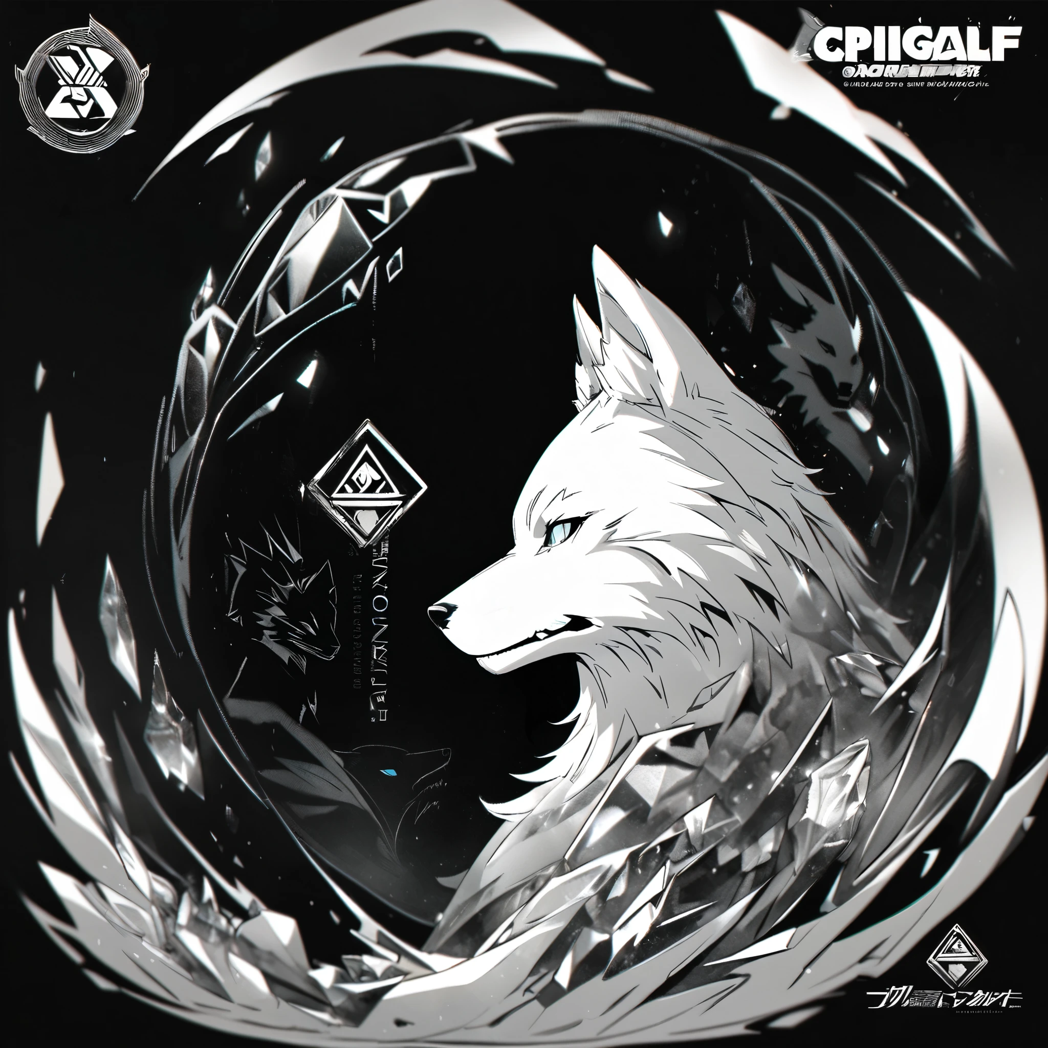 simple, monochrome, logo, symbol logo, facial profile, 8k, a wolf, crystals