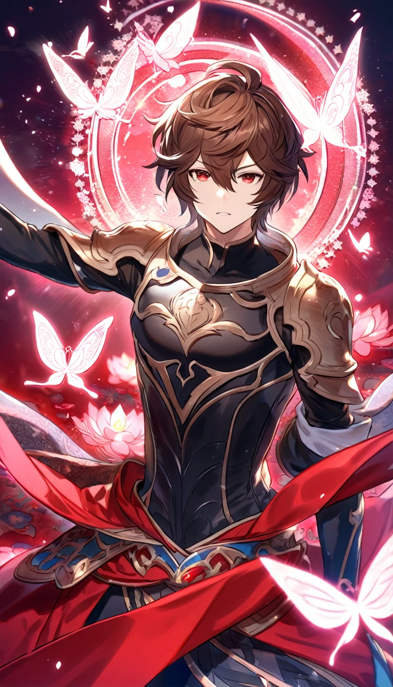 absurdres, highres, ultra detailed, HDR, master piece, best quality, Sandalphon, brown hair, expressive red eyes, granblue fantasy, solo, sexy man, handsome, patterns, magical, fantasy, red background, red lotus, shining, red petals, red sparkling butterflies