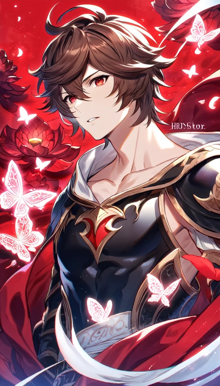 absurdres, highres, ultra detailed, HDR, master piece, best quality, Sandalphon, brown hair, expressive red eyes, granblue fantasy, solo, sexy man, handsome, patterns, magical, fantasy, red background, red lotus, shining, red petals, red sparkling butterflies