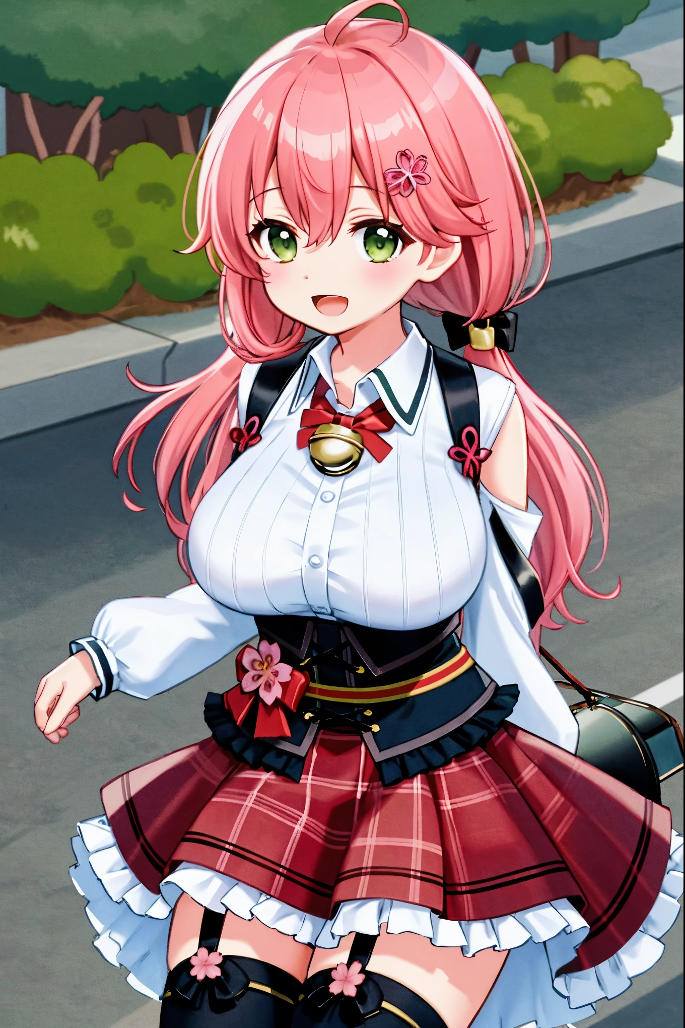 masutepiece, Best_Quality, hight_resolution, miko2,Ponytail, 1girl, Ahoge, black headwear, Hair Ornament, White shirt, black thighhighs, Pink hair, Red_skirt, very_short_skirt, plaid skirts, garter_strap, Collared shirt, hair clips, frilld, Bangs, hair between eye, frills skirt, beret, Pleated skirt, Hair Flower, Neck bell, , puffy long sleeves, Black bow, Underbust, Cowboy Shot,Smile, (gigantic_breasts:1.3),covered_nipples, covered_pussy,green_eyes, happy, childlike_posing,spread_legs,(big_smile:1.2),plump,open_mouth,shout,half_eyes,cherryblossom_park_background,