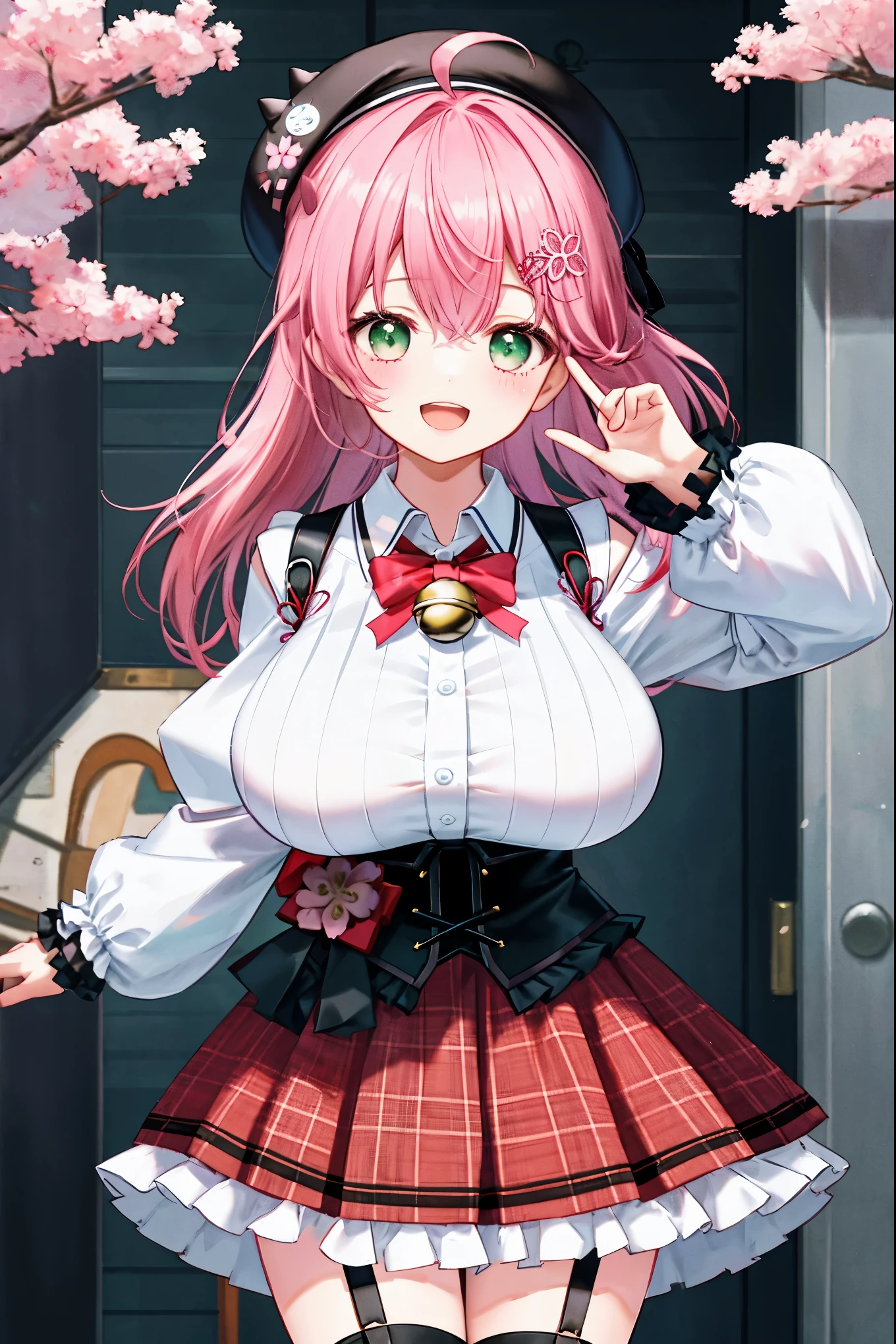 masutepiece, Best_Quality, hight_resolution, miko2,Ponytail, 1girl, Ahoge, black headwear, Hair Ornament, White shirt, black thighhighs, Pink hair, Red_skirt, very_short_skirt, plaid skirts, garter_strap, Collared shirt, hair clips, frilld, Bangs, hair between eye, frills skirt, beret, Pleated skirt, Hair Flower, Neck bell, , puffy long sleeves, Black bow, Underbust, Cowboy Shot,Smile, (gigantic_breasts:1.3),covered_nipples, covered_pussy,green_eyes, happy, childlike_posing,spread_legs,(big_smile:1.2),plump,open_mouth,shout,half_eyes,cherryblossom_park_background,