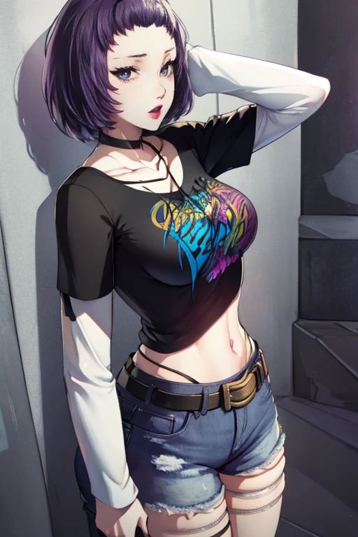 Bernie, purple hair, 1girl, solo, standing, black t-shirt, white shirt, blue jeans, belt, lipstick, large breasts