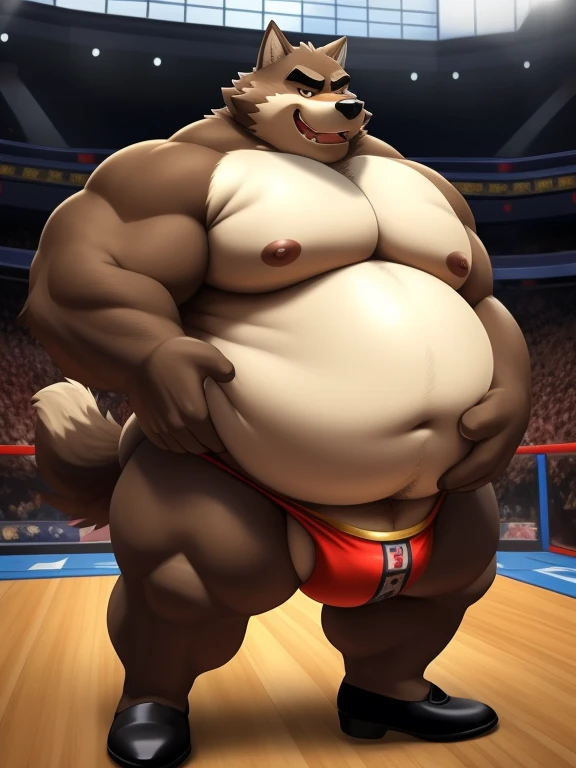 ((Masterpiece)),((Hight quality)),((Hught Detailed)),((Realistic,)) Anime Artistic masterpiece art, Obese Mr. Wolf (Bad guys), Anatomy of character, Sumo wrestler Furry character, and tiny thong, Anime cool Furry character, full body picture, He is Mr. Wolf from the movie The Bad Boys, he is trapped in a container with his hands tied and with a hose connected to his mouth that pumps butter that makes his entire body begin to gain weight and swell, blob, his arms become fat and flabby, his belly big and round, his legs fat and flabby, that causes him to get excited