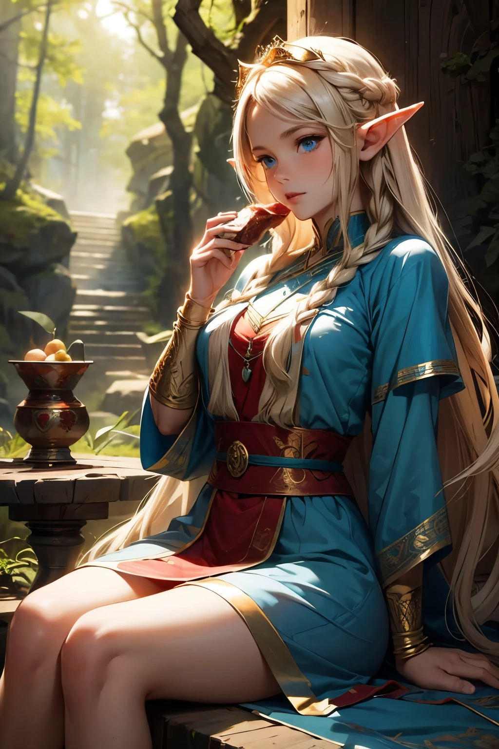 A beautiful elf princess with long braided blonde hair, elf ears, blue eyes, thin lips, round face, medium breasts, wearing a torn red tunic, eating a very large piece of boar meat, sitting on a rock, in the forest setting , expressive and funny scene (SFW)