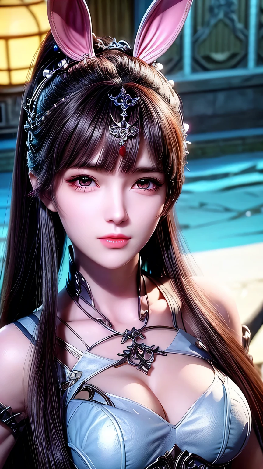 Close-up:A man wearing rabbit ears、Woman holding a sword, Queen of the Sea Mu Yanling, Portrait of zodiac girl knight, Lineage 2 style, Smooth anime CG art, Game CG, Beautiful fantasy queen, Complex and gorgeous anime CGI style, Drink, Goddess Close-up, anime goddess, Deadly, Realistic anime girl rendering