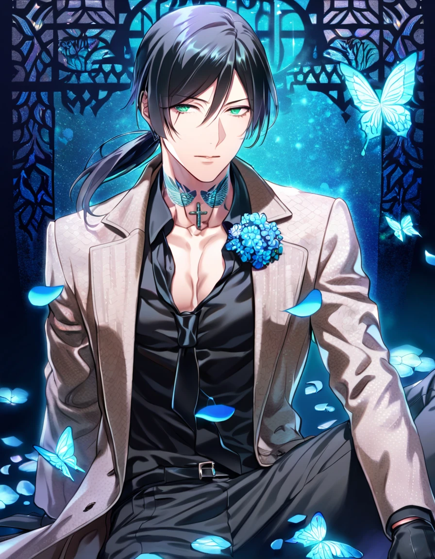 Ultra detailed, HDR, Highres, absurdres, master piece, Ginoza Nobushika, black hair tied in a low ponytail, expressive green eyes, Psycho Pass, blue glittering butterflies, petals, fantasy, blue flowers, sexy man, solo, extremely detailed face and eyes, handsome, glittering, toned chest, brown coat with patterns, black shirt, tattoo on his neck, blue background, blue flames, cross, black gloves, black shirt, black necktie, sitting, black pants