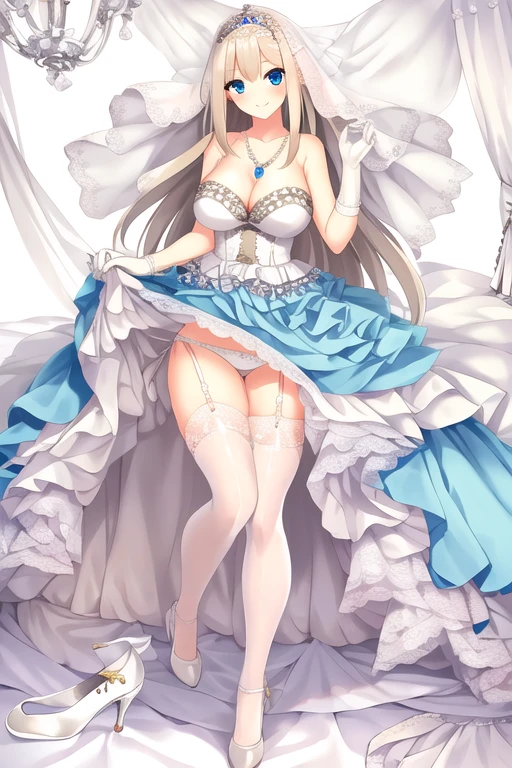 ((masterpiece)), (((best quality))), ((ultra-detailed)), ((illustration)), ((disheveled hair)), ((frills)), (1 girl), (solo), 1girl， anchor necklace， blonde hair ， blue eyes， braid， breasts ， bridal veil ， clothing， dress ， feather hair ornament ， feathers， female ， footwear， french braid ， gloves， hair ornament， headdress ， headwear ， high heels ， jewelry ， large breasts ， legwear ， long hair ， pantsu， platinum blonde hair ， ring ， shoes ， smile ， solo， spread legs ， thighhighs， tied hair， underwear ， veil ， wedding band ， wedding dress， white dress ， white footwear， white gloves， white legwear， white panties ， white underwear，