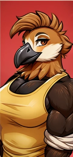 Female Chicken, muscular, brown feathers, black beak, farmer