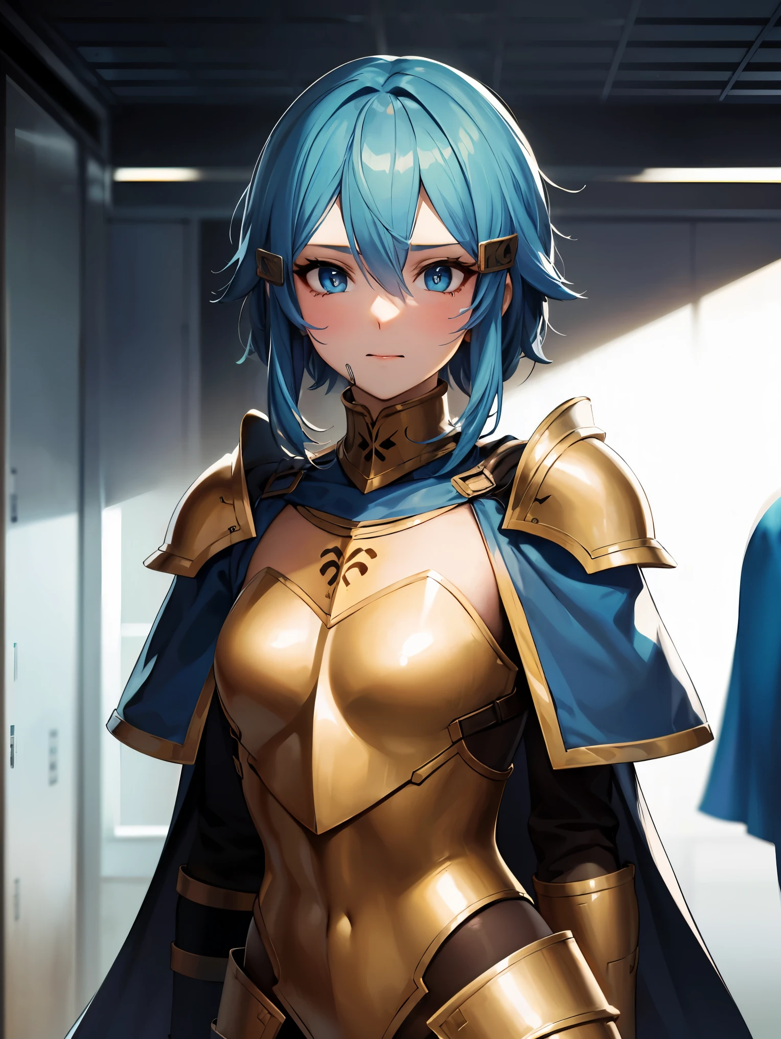 deep skin,textured skin,shinoasada, sinon, blue eyes, blue hair, hair ornament, hair between eyes, hairclip, short hair, sidelocks, (small breast:1.2),
BREAK (dress, cape, armor, blue dress, shoulder armor, gauntlets, pauldrons, breastplate, armored dress, faulds, blue cape, knight, (gold armor:1.5), body armor:1,2)
BREAK The upper part of the body,(big laughter:1.1),(with her mouth open:1.1),(opens his eyes wide:1.2),strong lights,Background bokeh,depth of fields,
BREAK (masterpiece:1.2), best quality, high resolution, unity 8k wallpaper, (illustration:0.8), (beautiful detailed eyes:1.6), extremely detailed face, perfect lighting, extremely detailed CG, (perfect hands, perfect anatomy),