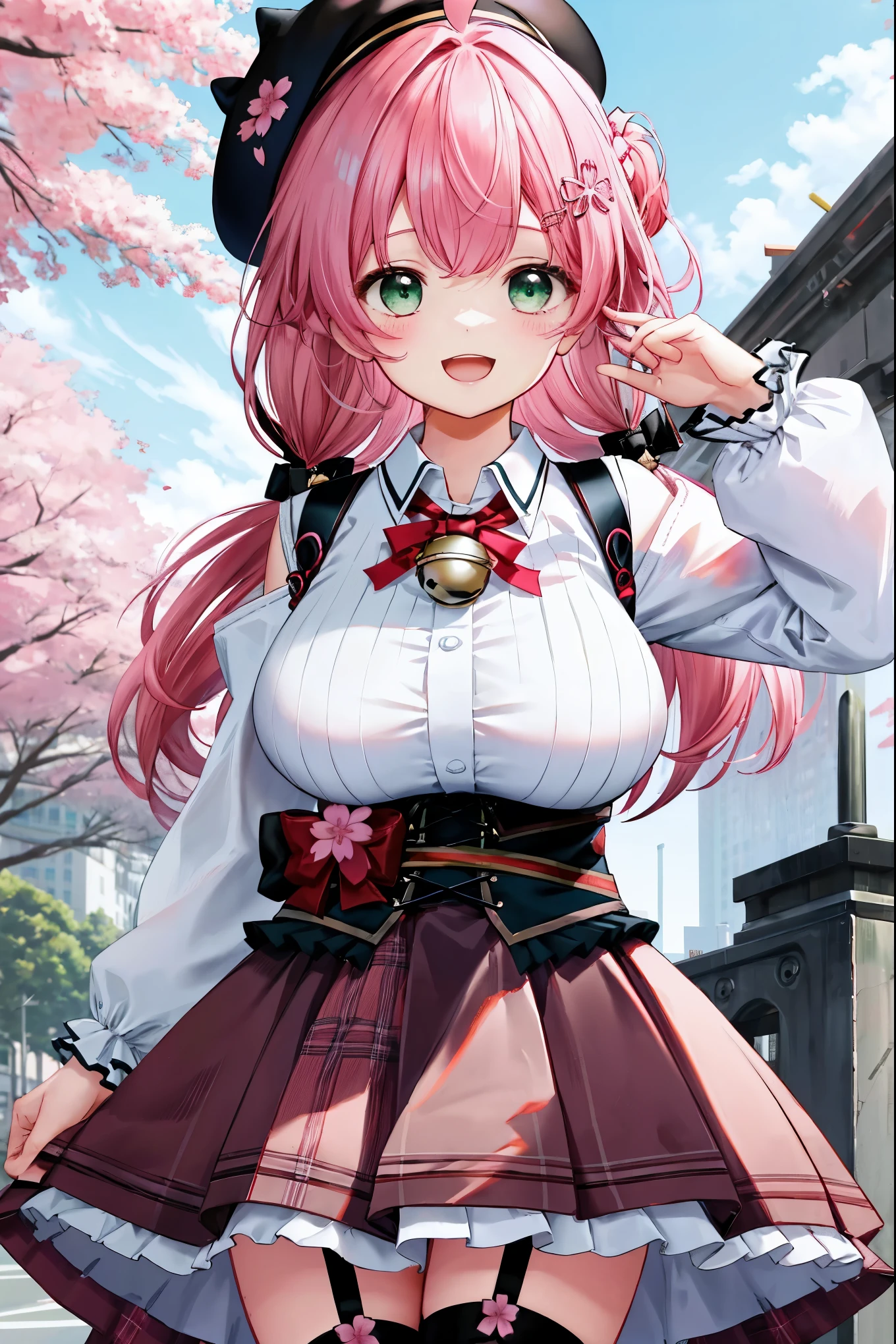 masutepiece, Best_Quality, hight_resolution, miko2,Ponytail, 1girl, Ahoge, black headwear, Hair Ornament, White shirt, black thighhighs, Pink hair, Red_skirt, very_short_skirt, plaid skirts, garter_strap, Collared shirt, hair clips, frilld, Bangs, hair between eye, frills skirt, beret, Pleated skirt, Hair Flower, Neck bell, , puffy long sleeves, Black bow, Underbust, Cowboy Shot,Smile, (gigantic_breasts:1.3),covered_nipples, covered_pussy,green_eyes, happy, childlike_posing,spread_legs,(big_smile:1.2),plump,open_mouth,shout,half_eyes,cherryblossom_park_background,