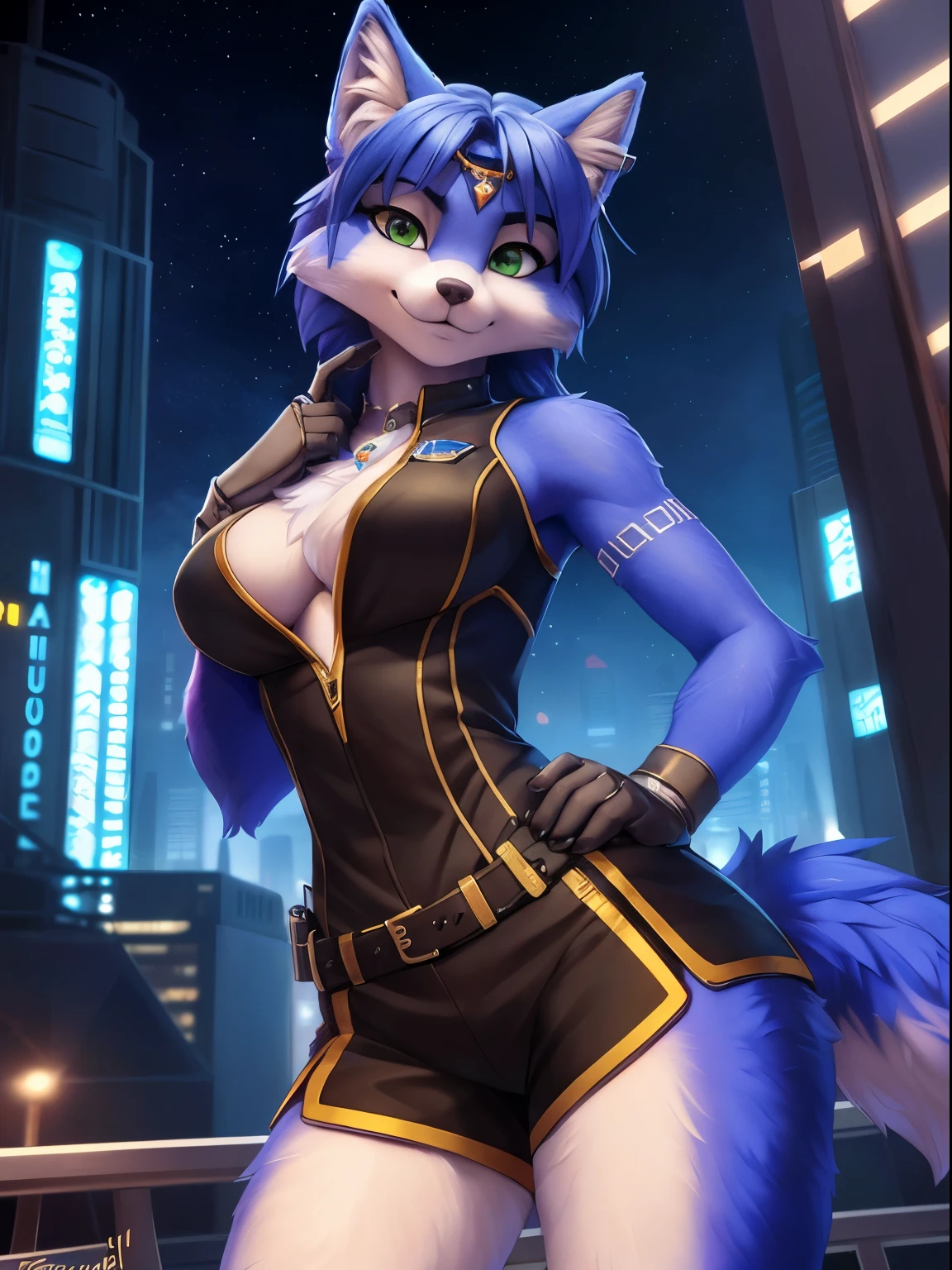 By iskra, by wolfy-nail, by Personalami, Krystal, Star Fox, female, (detailed), view of the viewer, fluffy, solo, 1 girl, high resolution, photorealistic, green eyes, ((clear structural details)), detailed realism, slim, soft, 4k, excellent quality, high details, (seductive), detailed fur, in the city, dressed like a detective, futuristic metropolitan cuty with endless skyscrapers, 8k,masterpiece,score_9,score_8,score_7,score_8_up,score_7_up,score_6_up, best quality, trending on artstation