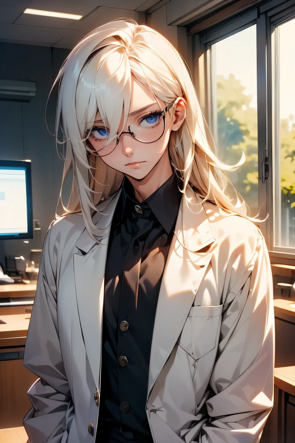 adult male character, lab coat, scientist, long white hair, white eyelashes, bishonen, dandere, serious, androgynous beauty, pale skin, rectangular glasses, beautiful eyes sharp eyes, sharp features, best quality, pixiv art, character design, beautiful hair, soft and warm ambience, office background, celshaded, office siren inspired, handsome human male