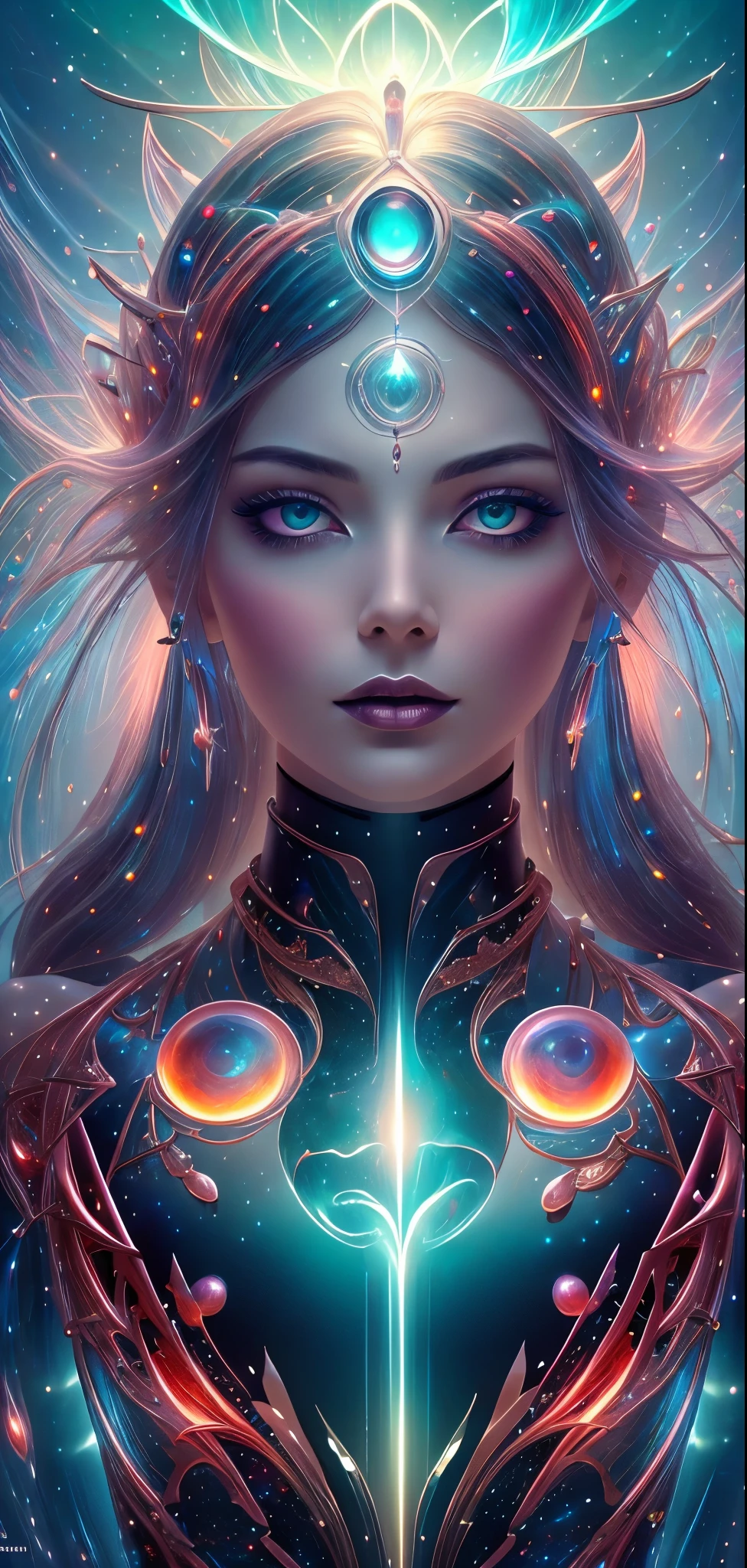 inner data mind process workings relation to love 8k, glass, A glass-like alien floral monument bioluminescence , humanoid structure entangled in a star light back ground, is displayed in out realms, stary background, its intricate details and vibrant colors radiating from the pedestal’s futuristic light, reds orange and blues, gravity waves, fractals, quantum entanglement, string theory, ultra bright lights, massive distortion, strobing colored lights, Diving Into The Ether Flowing with The Eternal Soul Through Vibration of love, everything is connected, Flowing energy, Spiritual, divine, dreamlike, cosmic, concept art, mind blowing, feminine beauty, god, pineal gland, dreamlikeart, (best quality,8K,highres,masterpiece), ultra-detailed, (surreal portrait of flawless Android beauty), a flawless Android beauty portrayed in a surreal portrait style using hand-tinted acrylics. The portrait showcases a hyper-detailed face with flawless black shiny eyes, exuding an otherworldly allure. The Android's long, messy "hair" consists of intricate circuitry patterns, adding to the surreal and futuristic aesthetic. Rendered in the style of Gabriel Pacheco, the portrait is a stunning masterpiece with perfect composition and beautiful hyper-detailing. Every aspect of the Android's appearance is depicted with hyper-realism, capturing the intricacies of her features with sharp focus and high-quality execution. Feel free to add your own creative touches to enhance the surreal beauty and artistic impact of this captivating portrait.,breasts,real_booster,real-gurl,cyborg