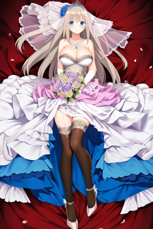 ((masterpiece)), (((best quality))), ((ultra-detailed)), ((illustration)), ((disheveled hair)), ((frills)), (1 girl), (solo)，1girl，alternative costume, blonde hair, blue eyes, blue flower, blue rose, blush, bouquet, breasts, bridal veil, bug, butterfly, choker, cleavage, clothing, crown, dress, female, flower, frilled dress, frills, frown, full body, gloves, headdress, headwear, insect, jewelry, large breasts, legwear, long hair, necklace, petals, pink legwear, rose, solo, strappy heels, thighhighs, tiara, torn clothes, torn dress, torn legwear, torn thighhighs, veil, wedding dress, white dress, white gloves, wince,
