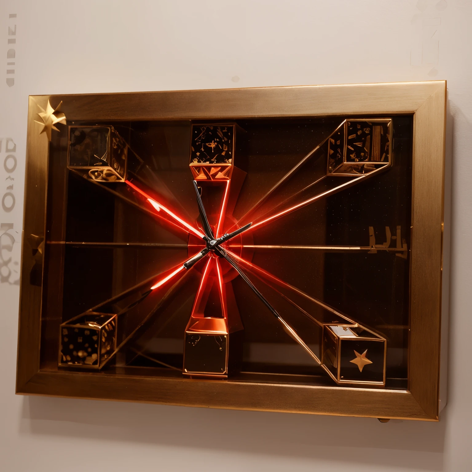sharp drawing of a clock with a star, estrutura de arame 3D, aceso. &#39;o cubo&#39;, math art, arte em perspectiva, arte muito coerente, Kinetic art, portais de cubo, arte em tinta, untitled, por Alexander Kotsis, Direction: Maryam Hashemi, an arcylic art, tirada em um iphone, por Oskar Lüthy
