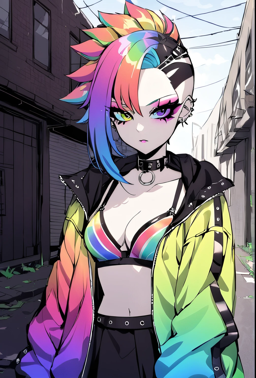 Holo-Punk Style, detailed face, 1girl ,mohawk with shaved sides, bright gradient hair, goth makeup, alt, outdoors, abandoned street, collar, perfect breasts, rainbow jacket, rainbow bra
