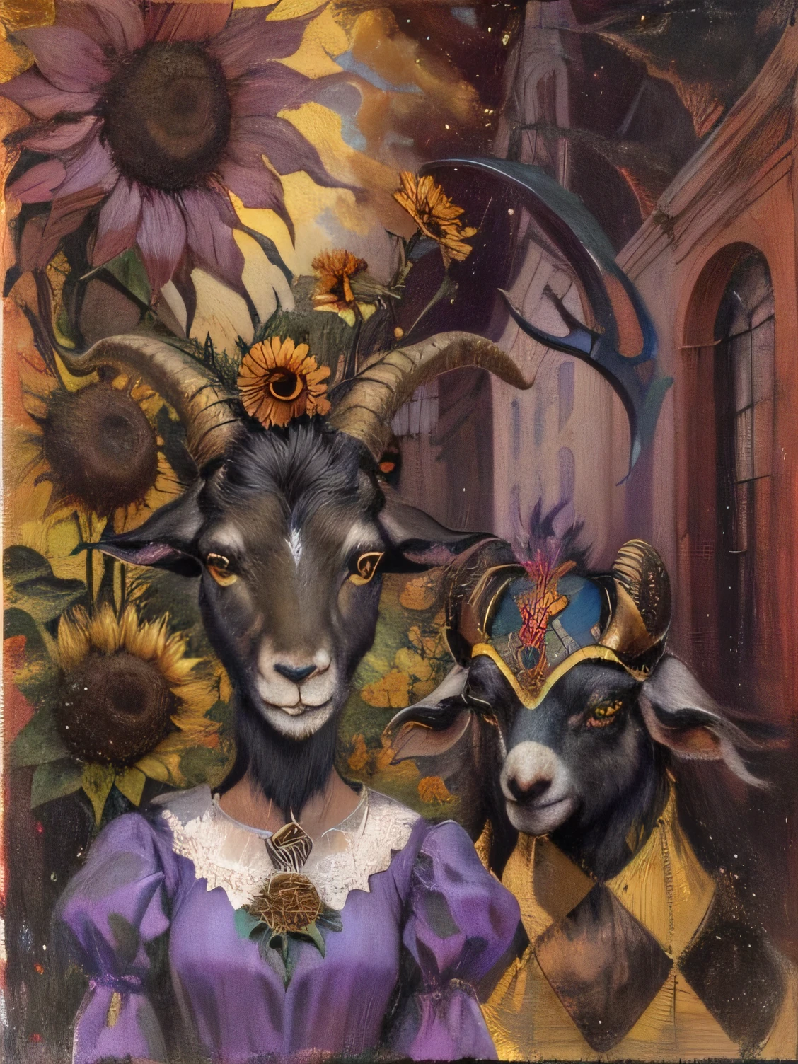 painting of a goat with a purple dress and a sunflower in the background, with horns, oil canvas of lucifer, inspired by Leonora Carrington, evil realm magic painting vibes, horned, inspired by Remedios Varo, baphomet, portrait of a demon, portre of a psyschonaut demon, horned god, portrait of daemons, a horned
