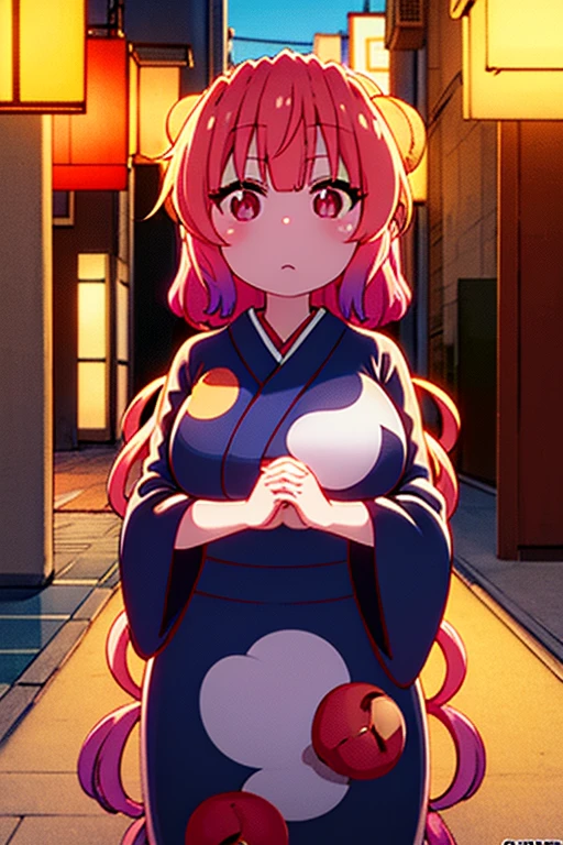 very detailed, high quality (medium long shot), illustration of the anime dragon maid san with a kimono outfit in the middle of a traditional Japanese festival, voluptuous body, it is night, she has a curious look, around quite a lot, with two caramel apples in the hands