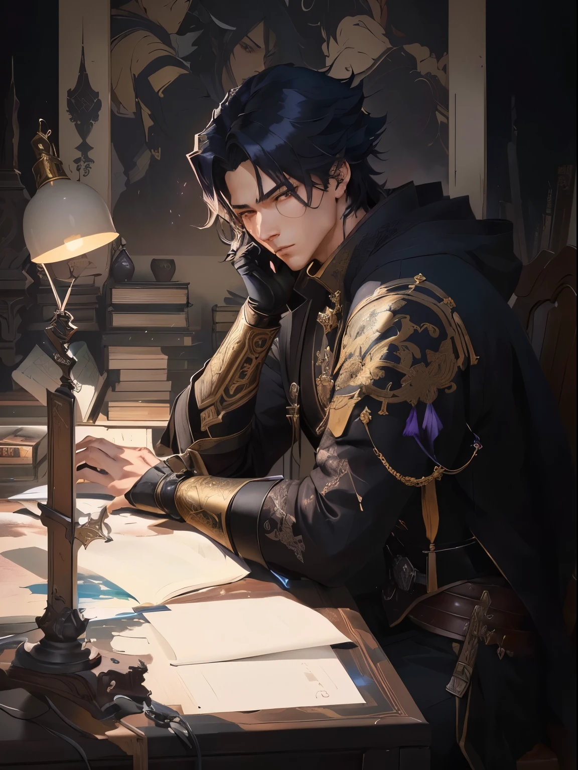 a painting of a man sitting at a desk with a book, handsome guy in demon slayer art, artwork in the style of guweiz, highly detailed exquisite fanart, male artificer, by Yang J, beautiful androgynous prince, picture of a male cleric, roleplaying game art, male anime character, guweiz, detailed anime character art, male art