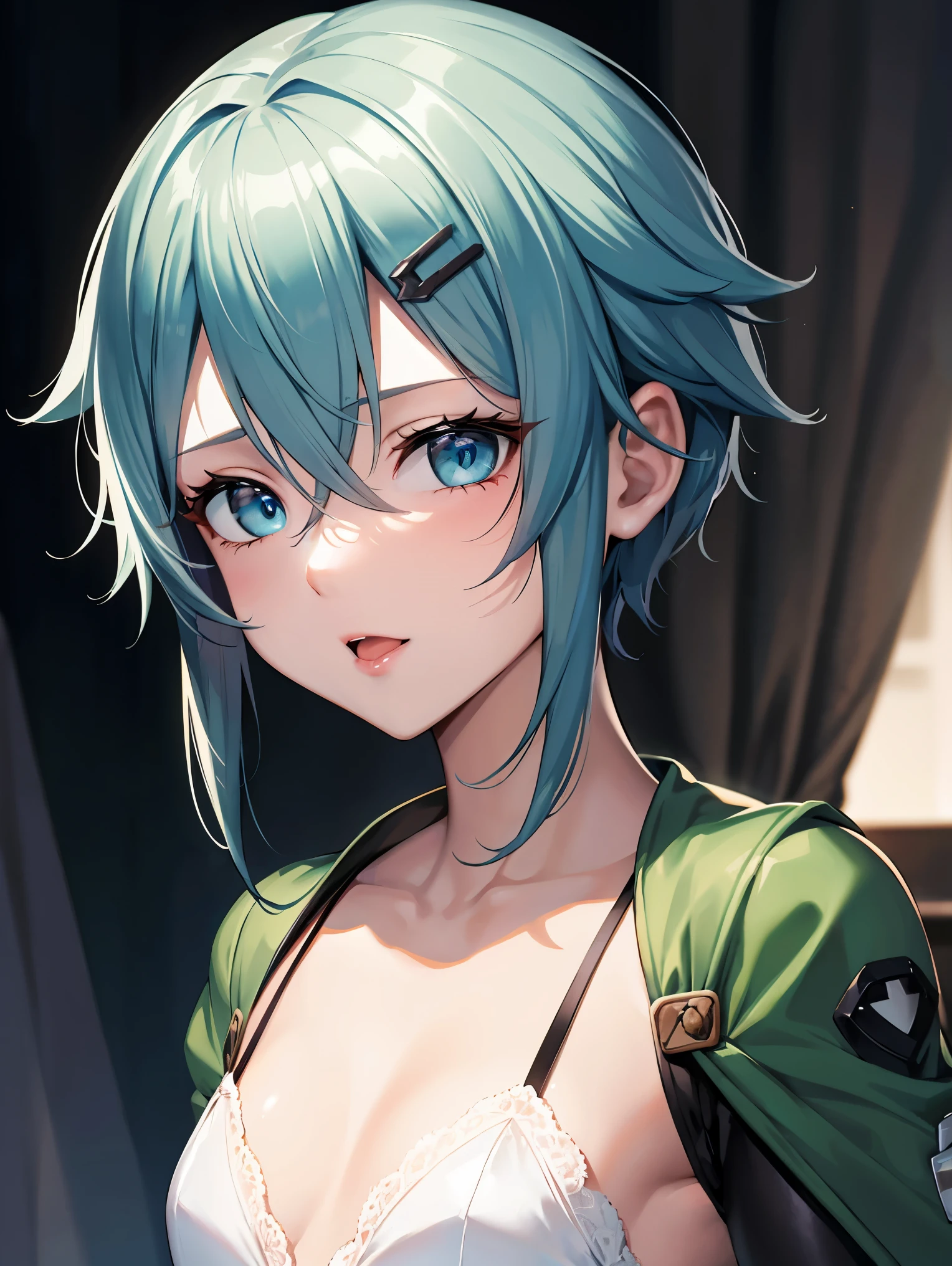 deep skin,textured skin,shinoasada, sinon, blue eyes, blue hair, hair ornament, hair between eyes, hairclip, short hair, sidelocks, (small breast:1.2),
BREAK white lingerie:1,2)
BREAK The upper part of the body，（big laughter：1.1），（with her mouth open：1.1），（opens his eyes wide：1.2），strong lights，Background bokeh，depth of fields,
BREAK (masterpiece:1.2), best quality, high resolution, unity 8k wallpaper, (illustration:0.8), (beautiful detailed eyes:1.6), extremely detailed face, perfect lighting, extremely detailed CG, (perfect hands, perfect anatomy),